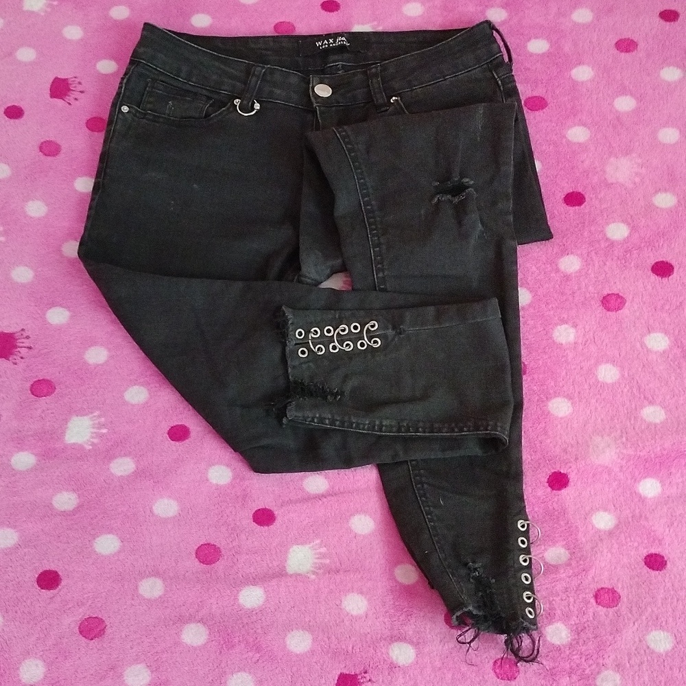 Size 7 Black Ripped Wax Jeans with Rings